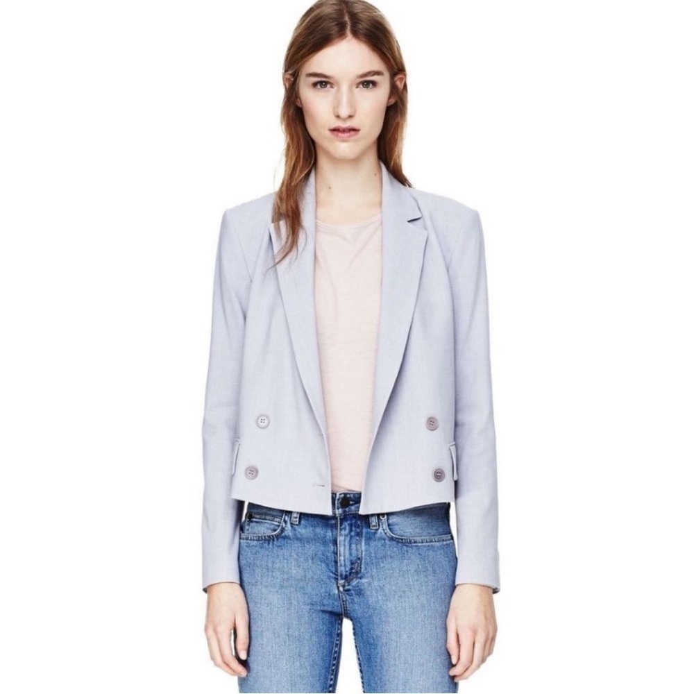 Theory Double Breasted Light Heather Gray Wool Poplin Cropped Blazer